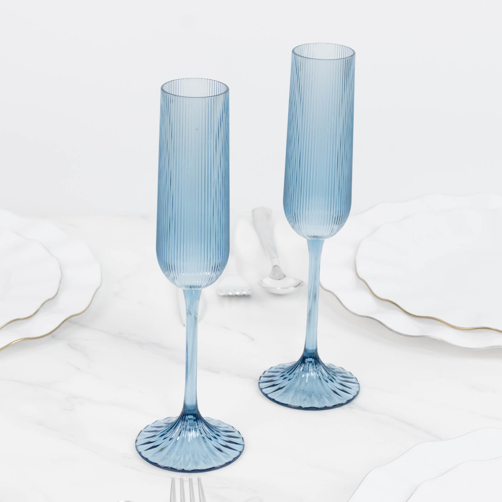 12 Pack Vintage Ribbed Champagne Flutes 4oz Transparent Dusty Blue – Disposable Plastic Toasting Glasses