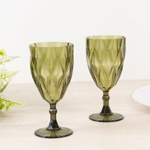 12 Pack Diamond Cut Vintage Plastic Wine Goblets – Dusty Sage Green 11oz Embossed Reusable Drink & Cocktail Glasses